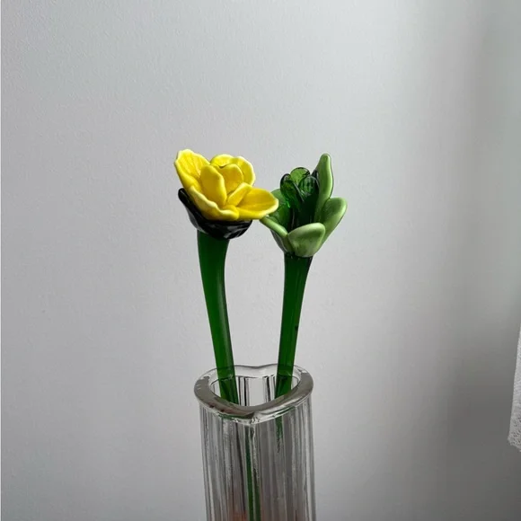 2 Murano Blown Glass 12” Flowers Yellow Green Vintage Decor - Picture 12 of 16